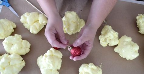 Spray Foam Christmas Garland, How To Make Popcorn Out Of Spray Foam, Great Stuff Foam Popcorn Garland, Expanding Foam Popcorn Garland, Spray Foam Christmas Crafts, Diy Spray Foam Christmas Decorations, Giant Fake Popcorn Diy, Faux Popcorn Garland Diy, Great Stuff Foam Projects