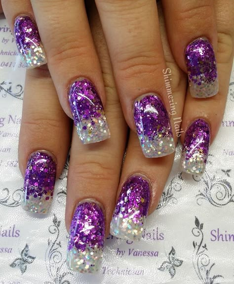 +10 Top Purple Glitter Nails - POLYVORE - Discover and Shop Trends in Fashion, Outfits, Beauty and Home Purple Nails With Design Summer, Fun Nail Art Creative, Purple Nails Designs Glitter, Purple Glitter Nails Acrylic, Purple Glitter Nail Designs, Fun Purple Nails, Nail Art Viola, Purple Sparkly Nails, Most Beautiful Nails