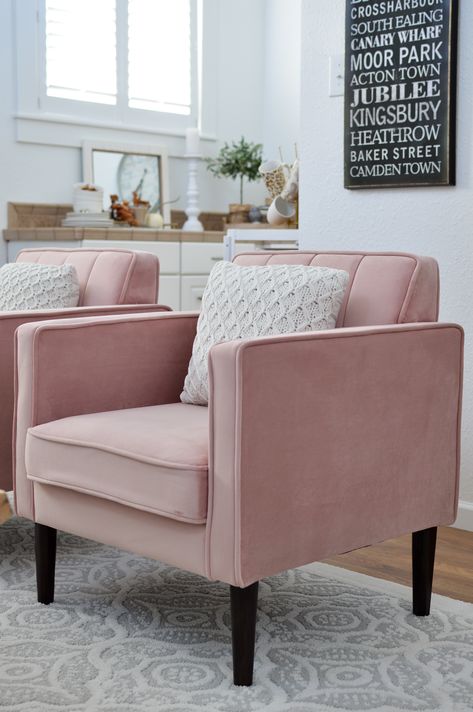 Fall Decorating Ideas To Blush Over. Blush pink velvet Marlow accent chair #sponsored with Better Homes & Gardens at Walmart Blush Pink Chair Living Room, Pink Accent Chair Bedroom, Pink Accent Chair Living Room, Pink Chairs Living Room, Pink Accents Living Room, Blush Pink Office, Counseling Career, Pink Accent Chair, Office Refresh