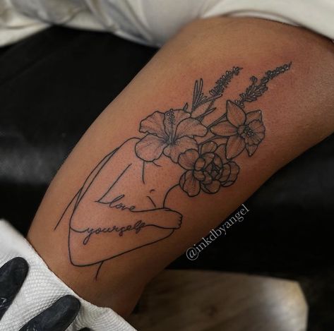 Black Women Inspired Tattoos, Cute Meaningful Tattoos Unique, Strong Black Woman Tattoo Ideas, Flower Upper Arm Tattoos For Women, Upper Arm Tats For Women, Strong Feminine Tattoos, Big Meaningful Tattoos, Self Love Quote Tattoos, Higher Self Tattoo