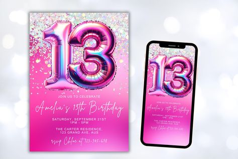 Editable Pink 13th Birthday Invitation Glitter Birthday Party Invite Foil Girl Thirteen Birthday Instant Download Digital Foil Balloon by CLouiseByChloe on Etsy Thirteen Birthday, Glitter Birthday Party, 13th Birthday Invitations, Thirteenth Birthday, Glitter Birthday Parties, Art Elements, Birthday Party Invite, Glitter Birthday, 15th Birthday