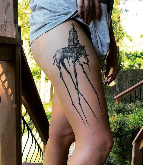 Salvador Dali elephant #tattoo #elephant #dali #salvadordali Dali Elephant Tattoo, Dali Tattoos, Salvador Dali Elephant, Dali Elephant, Salvador Dali Tattoo, Flower Hip Tattoos, Tattoo Elephant, Dali Tattoo, Watch Tattoo