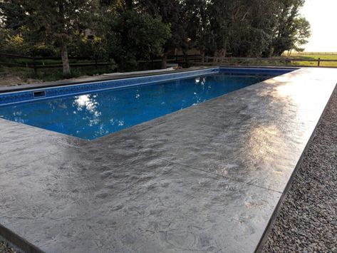 Concrete Patios and Pool Decks • Contemporary Concrete Small Backyard Pool Landscaping, Concrete Pool Patio, Patio Ideas With Pool, Pool On A Budget, Stamped Concrete Pool, Pool Decking Concrete, Concrete Landscaping, Massachusetts Houses, Concrete Pool Deck