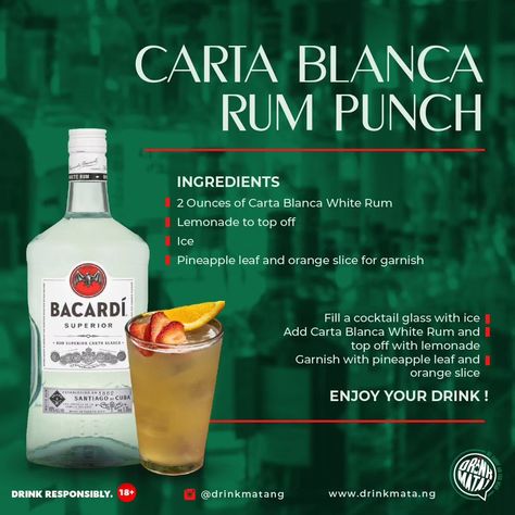 Cocktail Recipe for the cozy day 🌧️ Mix up a Carta Blanca Rum Punch 🍸 This recipe is very easy to do; your key ingredient is a bottle of Bacardi Carta Blanca White Rum ✅ Visit www.drinkmata.ng to order yours now 😎 Hey, you don't have to be a mixologist to shake up badass cocktails at home 😉 18+ Drink Responsibly #DrinkMata #Bacardi #Fridaycocktails Rum And Lemonade, Cocktails At Home, Drink Responsibly, Cozy Day, Rum Punch, White Rum, Bacardi, Cocktail Glass, Orange Slices