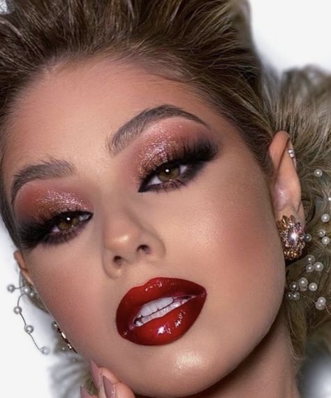 Glam Makeup Looks Red Lips, Bold Red Lip Makeup, Showgirl Makeup, Las Vegas Makeup, Glam Rock Makeup, Bold Lipstick Makeup, Hair Roll, Bold Lip Makeup, Vegas Makeup