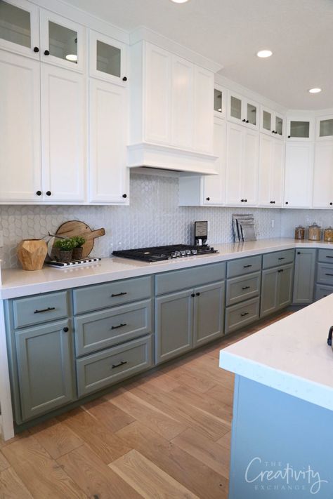 2019 UV Parade of Homes Recap Part 2 Upper And Lower Cabinets Painted Different Colors, Painted Kitchen Cabinets Colors With Black Appliances, Lower Cabinet Paint Colors, Kitchen Upper And Lower Cabinets Different Colors, Different Colored Upper And Lower Cabinets, Bottom Kitchen Cabinets Different Color, Painted Kitchen Cabinets With Black Hardware, Kitch Cabinet Colors, Kitchen Remodel Using Existing Cabinets