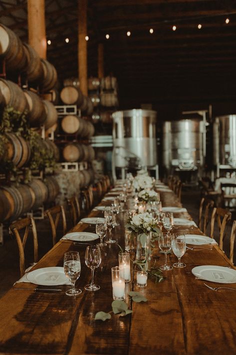 Brewery Wedding Table Decor, Winery Wedding Decorations Centerpieces, Distillery Wedding Decor, Wine Cellar Wedding Reception, Winery Aesthetics, Brewery Wedding Reception, Fall Winery Wedding, Winery Wedding Ideas, Wine Cellar Wedding