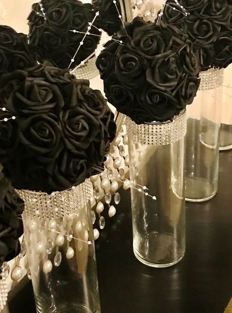 Bridal Shower Gothic Theme, Black Rose Centerpiece Wedding, Black And Silver 25th Wedding Anniversary, Silver And Black Centerpiece Ideas, Rip 20s Birthday Centerpieces, Black Quinceanera Centerpieces, Black And Diamonds Party, Black Wedding Centerpieces Diy, Black Flower Centerpieces