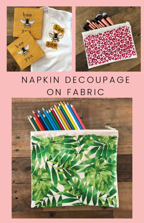 Learn to transfer napkins to fabric with Mod Podge! Handmade Happy Hour with @cathiefilian and Steve are decoupaging tee shirts and canvas storage bags with trendy napkins…. and they are machine washable! Don’t miss the fashion crafting fun, watch this video on YouTube and learn how to do it yourself! Decoupage On Canvas Diy, Fabric Mod Podge Ideas, Modge Podge On Fabric, Mod Podge Fabric Crafts, Decoupage Napkins On Canvas, Thjoko Ideas, Napkin Decoupage On Canvas, Decoupage Fabric Ideas, Napkin Mod Podge Ideas