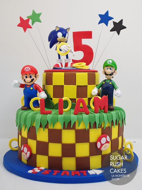 Gâteau Sonic Mario Sonic Cake, Sonic Vs Mario Birthday Party, Sonic And Mario Birthday Party, Mario And Sonic Cake, Captain America Birthday Cake, Sonic The Hedgehog Cake, Mario Birthday Cake, Bolo Sonic, Captain America Birthday