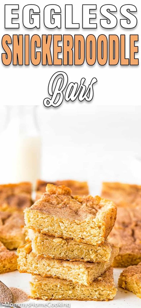 These Eggless Snickerdoodle Bars are wonderfully soft and buttery. Quick, simple, and you don’t even need a mixer to make them! #recipe #eggless #eggfree #eggallergy #egglessbaking #dessert #Snickerdoodle #bars #easy #quick #cinnamon #sheetpan #best Snickerdoodle Bars Recipe, Snickerdoodle Cookie Bars, Chewy Cookie Bars, Snickerdoodle Cookies Easy, Snickerdoodle Bars, Snickerdoodle Cookie, Snickerdoodle Recipe, Eggless Recipes, Eggless Baking