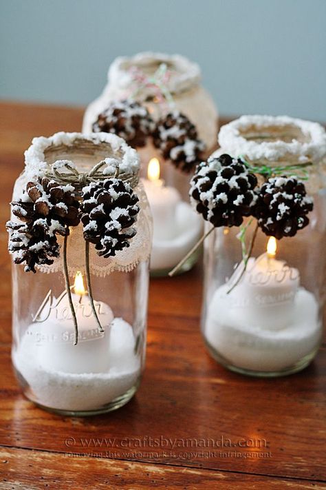 Snowy Pinecone Candle Jar Luminaries @Amanda Formaro Crafts by Amanda Candle Jars Crafts, Mason Jar Christmas Decorations, Snowy Pinecone, Pine Cone Candles, Cones Crafts, Christmas Mason Jars, Christmas Jars, Pine Cone Crafts, Navidad Diy