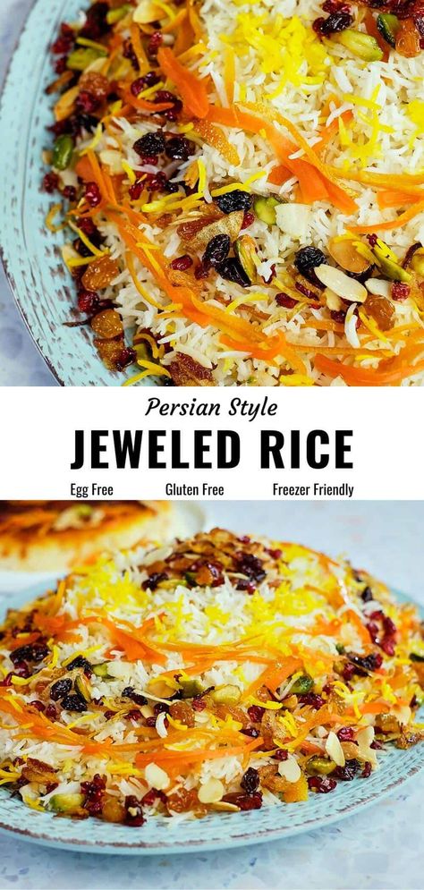 Jeweled Persian Rice Pilaf, Persian Rice Recipes, Plov Rice Recipe, Rice With Pomegranate Seeds, Persian Rice Dishes, Iranian Rice Recipe, Refika’s Kitchen, Jeweled Rice Recipe, Persian Rice Recipe Iranian Food