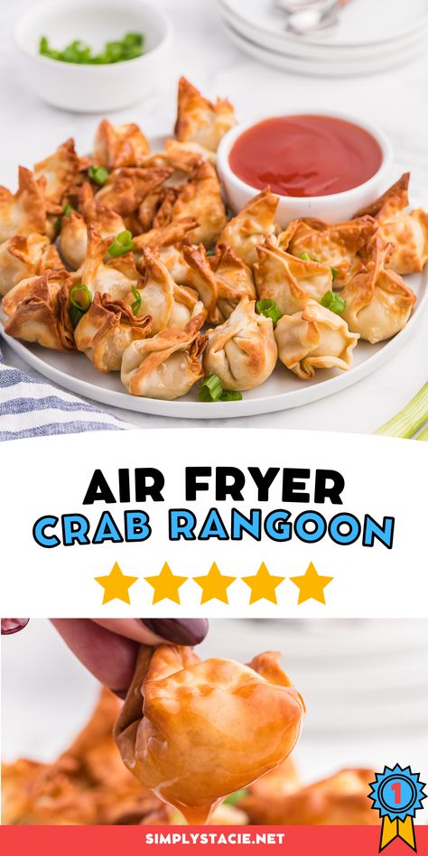 Two image collage of air fryer crab rangoon. First image is the crab rangoon on a plate. Second image is crab rangoon dipped in sweet and sour sauce. Air Fryer Crab Rangoon, Crispy Wontons, Air Fryer Crab, Wife Duties, Whiskey Wednesday, Rangoon Recipe, Crab Rangoon Recipe, Restaurant Appetizers, Crispy Wonton