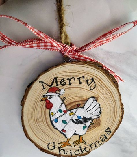 Holiday Chicken Wood Slice Ornament | Etsy Holiday Chicken, Wooden Ornaments Diy, Travelers Rest Sc, Handpainted Christmas Ornaments, Circle Crafts, Travelers Rest, Painted Christmas Ornaments, Christmas Wood Crafts, Wood Slice Ornament