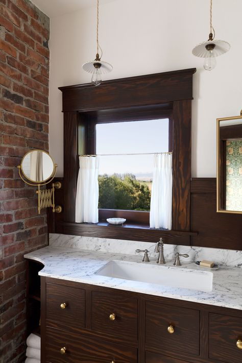 bringing back the character in this 1912 farmhouse bathroom Farmhouse Primary Bathroom, Off Center Window, Window Vanity, Off Center Windows, Historic Bathroom, Hexagon Marble Tile, The Grit And Polish, Grit And Polish, Pretty Tiles