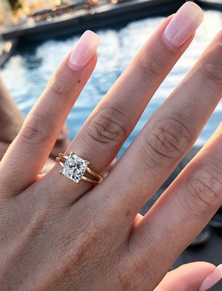 Amanda Batula’s 2.5 Carat Cushion Cut Diamond Ring Small Baguette Engagement Ring, Stephanie Gottlieb Engagement Ring, Maximalist Engagement Ring, Amanda Batula, Pretty Wedding Rings, Stephanie Gottlieb, Dream Ideas, Pretty Engagement Rings, Dream Wedding Ring