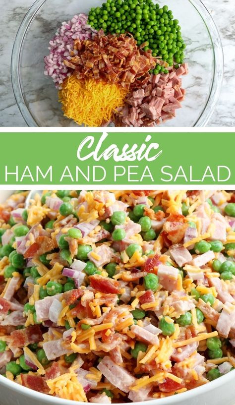 This Classic Ham and Pea Salad is perfect for preparing for an upcoming barbecue or celebratory feast like Easter. Easter Pea Salad, Classic Ham Salad, Cold Ham Recipes, Pea Salad With Ham, Ham And Pea Salad, Ham Salad Recipe Paula Deen, Ham And Pea Pasta Salad, Easter Salads, English Pea Salad