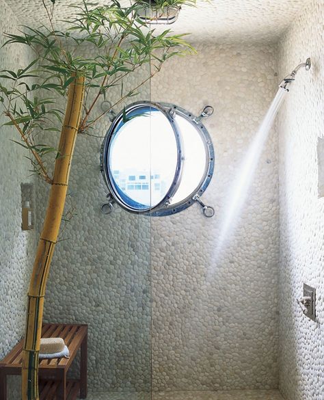 Houseboat Remodel, Window In Shower, Porthole Window, Coastal Modern, Bathroom Windows, Beach Modern, Trendy Bathroom, Nautical Home, Beach Bathrooms