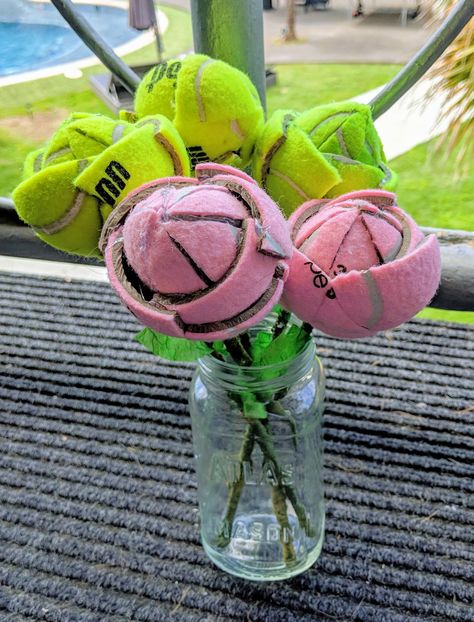 Tennis ball flowers from https://www.etsy.com/shop/CloversFortune Tennis Ball Bouquet, Coquette Tennis, Tennis Ball Crafts, Tennis Things, Tennis Season, Double Couple, Ball Bouquet, Tennis Core, Ball Flowers