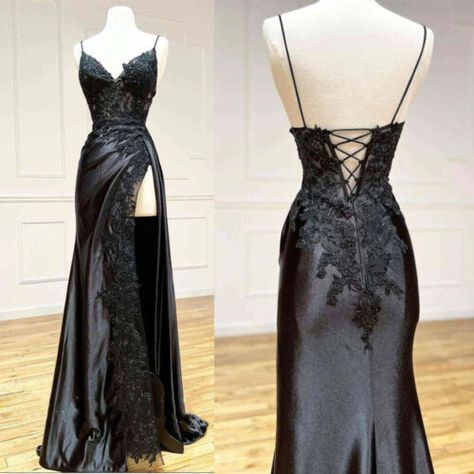 ad eBay - Find many great new & used options and get the best deals for Black Wedding Dresses Spaghetti Straps Sexy Side Split Mermaid Bridal Gowns at the best online prices at eBay! Free shipping for many products! Gothic Bridesmaids Dresses, Gothic Wedding Dress Aesthetic, Goth Black Tie Dress, Slim Black Wedding Dress, Emerald Green And Black Dress, Homecoming Long Dress, Black Wedding Dress Silk, Goth Gown Dress, Black Wedding Dresses Gothic Fairy