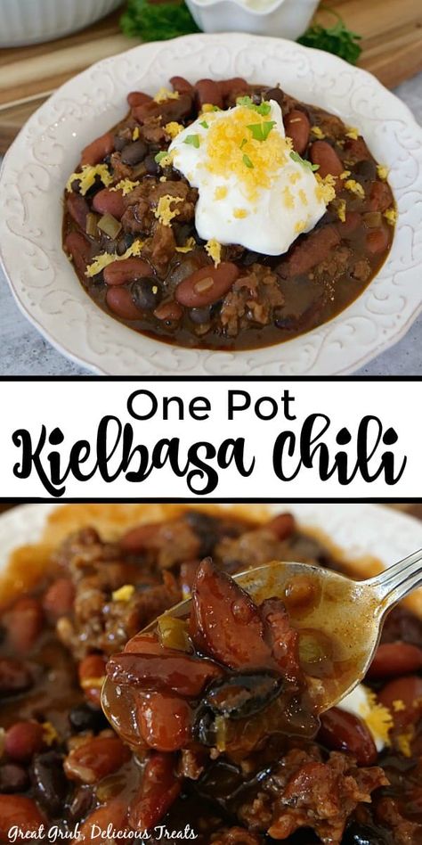 Polish Sausage Chili, Chili With Kielbasa, Kielbasa Chili Recipe, Taste Of Home Turkey, Kielbasa Chili, Chili Recipe Taste Of Home, One Pot Kielbasa, Sausage Casseroles, One Pot Chili Recipe