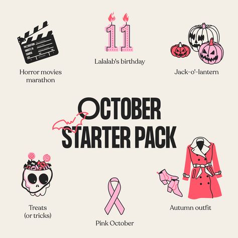 October Starter Pack 🌸 #october #autumn #fall #illustration #creative #inspi Fall Illustration, October Autumn, Hello October, Illustration Creative, Pink October, Starter Pack, Autumn Outfit, Jack O, Autumn Fall