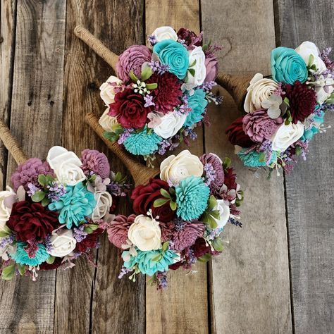 Teal And Burgundy Bouquets, Teal And Burgundy Wedding, Purple Teal Wedding, Teal Centerpieces, Mauve And Teal, Teal Wedding Theme, Dark Teal Weddings, Dusty Rose Wedding Colors, Maroon Bridesmaid