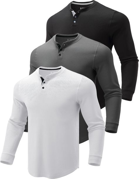 PRICES MAY VARY. MULTIPACK: Long sleeve henley shirts for men designed to wear alone or as a light layer over your favorite tee - a must have for seasonal changes. TEXTURED KNIT: Built with waffle knit fabric that is lightweight yet incredibly warm and comfortable. Our long sleeves are ideal for cooler temperatures. THERMAL: Material traps heat for extra warmth. Dry-fit stretch technology wicks sweat & dries fast for all day comfort. VERSATILE: A contrast 3-button up placket offers custom covera Young Men’s Fashion, Smart Casual Men’s Fashion, Fall Fashion For Men, Long Sleeve Henley Men, Men Attire, Waffle Henley, Guys Fits, Seasonal Changes, Waffle Shirt