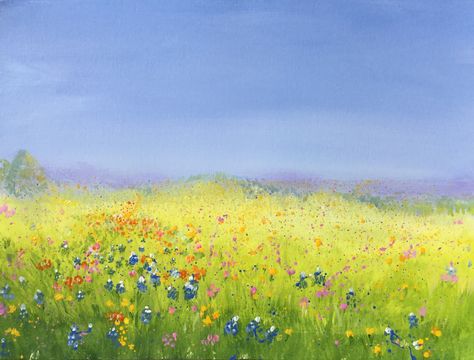 Wildflower Painting Easy, How To Paint Wildflowers Acrylic, Meadow Painting, Acrylic Painting Flower Field, Wildflower Garden Drawing, Wildflower Art, Painting Of A Field Of Flowers, Flower Field Painting, Wildflower Painting