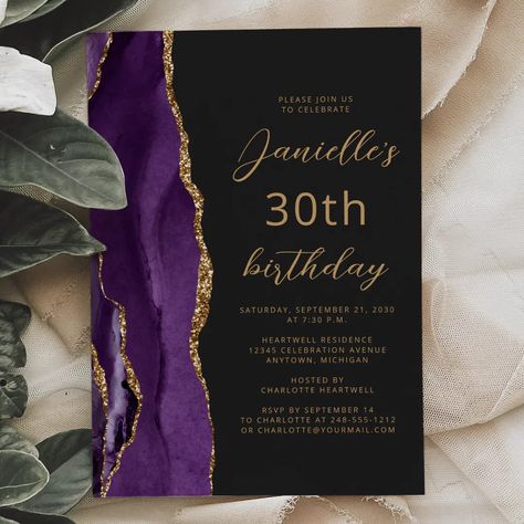 Purple Gold Agate Slate Script 30th Birthday Invitation | Zazzle 65th Birthday Invitations, Modern Birthday Party, 60th Birthday Party Invitations, 30th Birthday Party Invitations, 70th Birthday Invitations, 50th Birthday Party Invitations, 60th Birthday Invitations, 30th Birthday Invitations, Gold Birthday Party