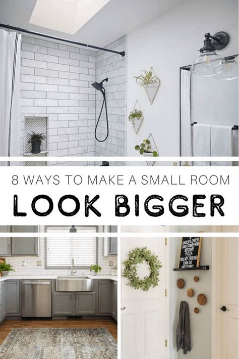 Learn eight tips or tricks of the eye on how to make a small room look bigger. Check out these tips from Inspiration for Moms. These easy changes can make a huge impact to your room! #decortips #homedecor #decorating #smallroom #howto Small Room Look Bigger, Gray Cabinet Color, Room Look Bigger, Small Room Makeover, Tidy Room, Small Dining Area, Bright Walls, Basement Remodel, Spacious Kitchens