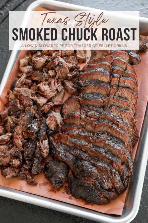 Chuck Roast Traeger Recipe, Pellet Smoker Chuck Roast, Smoked Chuck Roast Recipes Pellet, Traeger Chuck Roast, Smoked Beef Chuck Roast Burnt Ends, Bbq Chuck Roast Grill, Smoked Chuck Roast Electric Smoker, Bottom Chuck Roast Recipes, Chuck Roast Smoker Recipe