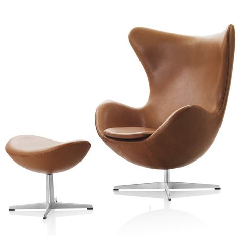 Egg Chair and Stool by Arne Jacobsen Arne Jacobsen Chair, Arne Jacobsen Egg Chair, Egg Styles, Swan Chair, Copenhagen Hotel, Eero Saarinen, Royal Hotel, Leather Footstool, Arne Jacobsen