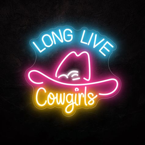 Long Live Cowgirls Neon Sign, Custom LED Light, Cowboy Hat Decoration Flex, Cowgirls Hat Neon Sign, Cowgirl Lover Gift, Bedroom Decor 🤠 Our gorgeous high-quality neon signs are carefully handmade.                                      Making a statement and designing the mood in any room with this super cool neon sign surely will create the vibe you've always dreamed of!                                                                                                                  - Easy to assemble,                                                                                                                   - Energy saving, long-using (50.000 hours), and totally safe to use. Cowgirl Bedroom, Cowgirl Room, Cool Neon Signs, Cowgirl Decor, Western Bedroom Decor, Western Rooms, Western Bedroom, College Apartment Decor, Cowgirl Aesthetic