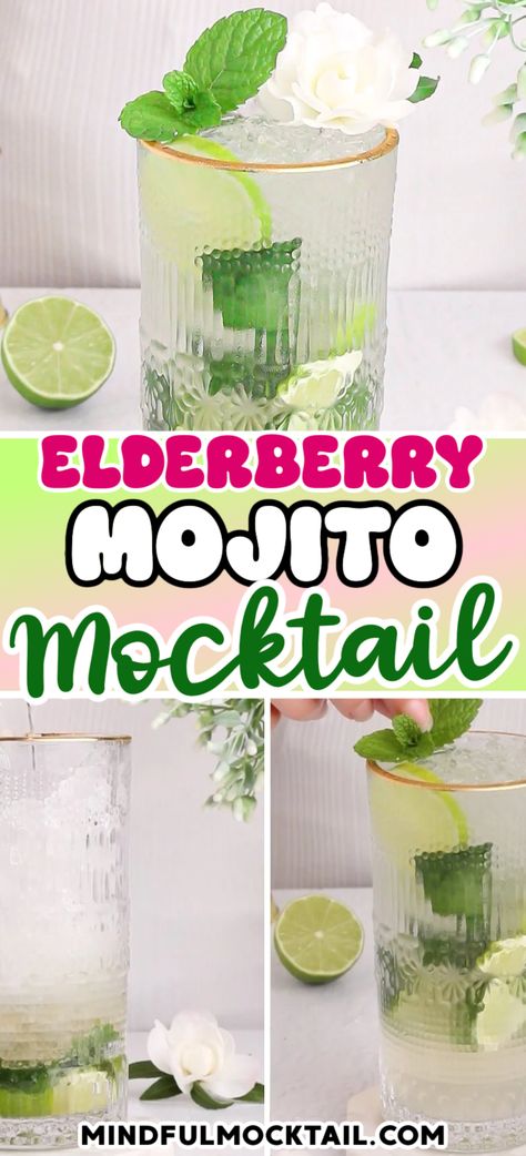 With a perfect combination of sweet, tangy and mint fresh, this delicious elderflower mocktail is non-alcoholic, has the perfect amount of fizz and can be made in as little as 5 minutes. This recipe can be assembled right in your glass with no shaker required, saving on washing up and making this such an easy mocktail to make at home. Elderberry Mocktail Recipe, Elderflower Mocktail Recipe, Non Alcoholic Mocktail, Elderflower Drink, Mocktail Ideas, Non Alcoholic Mojito, Nonalcoholic Party Drinks, Christmas Mocktails, Easy Mocktails