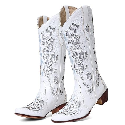 PRICES MAY VARY. 👣 [ MEASUREMENT ] ---- The white cowgirl boots heel height measures approximately 1.18 inches (4 CM) 👣 [ UPPER MATERIAL ] ---- The knee high boots with comfortable high quality PU. It's really soft and comfortable to your foot skin. 👣 [ SOLE MATERIAL ] ---- The western boots slip resistant rubber outside sole and comfortable inside sole. the sole can help the shoes to walk easily and the comfy insole help to protect your foot heel. 👣 [ FASHION STYLE ] ---- the feature of the Women Cowgirl Boots, Western Wedding Boots, Boots For Women Cowboy, White Cowgirl Boots, Black Cowgirl Boots, Cowboy Boots For Women, White Cowboy Boots, Black Cowgirl, Wedding Boots