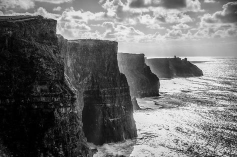 The Cliffs of Moher, Ireland in Black and White Ireland Black And White, Cliffs Of Moher Tattoo, Grey Wall Collage, Earth Collage, Collage Instagram Post, Ireland October, Landscape Photography Black And White, Prints For Dorm, Ireland Tattoo