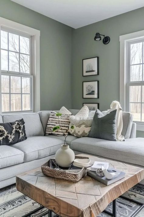 Green Beige Grey Living Room, Green Living Room Wall Color, Light Sage Walls Living Room, Soft Sage Living Room, Soft Green Living Room Walls, Gray And Sage Green Living Room, Light Grey And Green Living Room, Sage Green Sitting Room Ideas, Sage Green Study Room