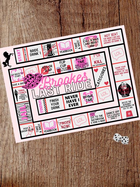 This game is the perfect addition for your bachelorette party celebration. Questions and games will help the brides' friends get to know each other and loosen up. FULLY CUSTOMIZEABLE-Customize the game for an even more special and unique experience. The game is simple, just gather around, grab some drinks, roll the dice and move around the board. Be prepared to laugh your butt off and get tipsy. WHAT YOU WILL RECIEVE -13x19 Laminated Game Board -6 Game Pieces -2 Dice -Customized Solo Cups Board Game Bachelorette Party, Bachelorette Diy Games, Bachelorette Sleepover Games, Bachelorette Board Game Diy, Bachelorette Party Board Games, Bachellorete Ideas Games, Batcholorette Games, Bachelorette Party Activity Ideas, Bachlorette Party Activities Fun