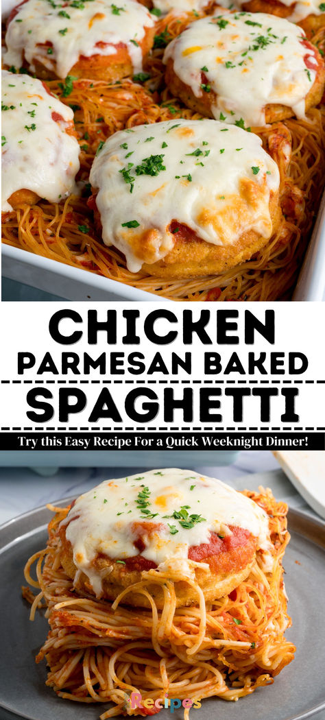 Chicken Parmesan is a much-loved Italian-inspired dish. Normally, it’s breaded chicken breasts topped with tomato sauce and melted cheese, but this version of Chicken Parmesan baked spaghetti is made the easy way by using frozen breaded chicken patties and store-bought marinara sauce! Chicken Parmesan Recipe Chicken Patties, Easy Chicken Patty Parmesan, Chicken Patty Chicken Parmesan, Easy Chicken Parmesan With Frozen Chicken Patties, Breaded Chicken Patty Recipes, Chicken Parmesan Spaghetti Bake, Chicken Parmesan And Spaghetti, Chicken Parm With Chicken Patties, Chicken Parmesan With Chicken Patties