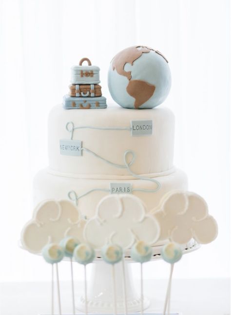 What A Wonderful World Birthday Party, Onederful World Birthday Boy, What A Onederful World Birthday, Travel Cakes, Airplane Baby Shower Theme, Baby Shower Luncheon, Airplane Birthday Cakes, Globe Cake, Adventure Awaits Baby Shower