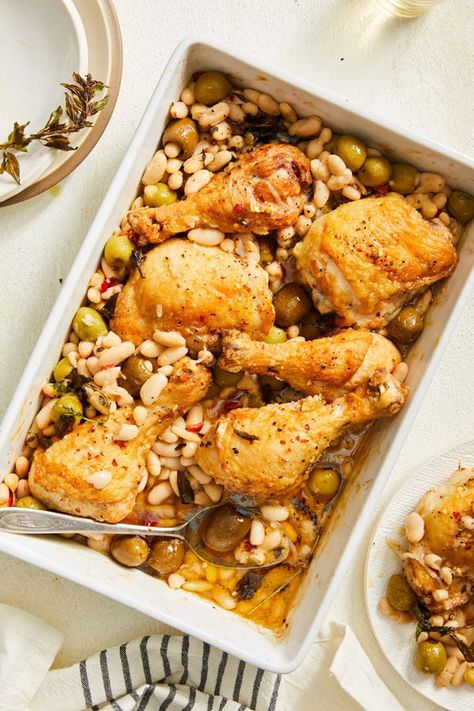 Roasted Chicken with Cannellini Beans and Green Olives - DeLallo Castelvetrano Olives, Fall Recipes Healthy, Chicken Dish, Healthy Bites, Cannellini Beans, Green Olives, Recipe Roundup, Baked Chicken Recipes, Roasted Chicken