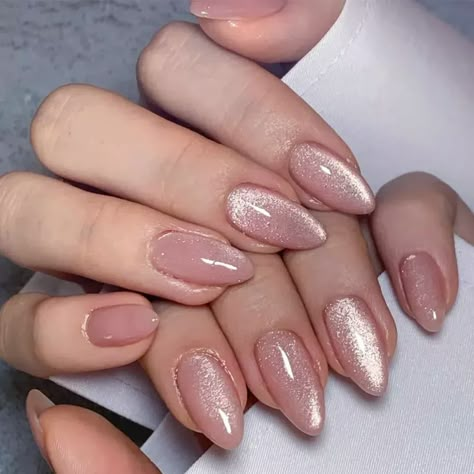 24Pcs Mid-length Almond Ballet False Nails Simple Cat Eye Design Press on Fake Nail Wearable Full Nail Art French, Chrome Nails Designs, Nude Nail Designs, Eye Nails, French Nail Art, Blush Nails, Cat Eye Nails, Cat Kuku, Stick On Nails