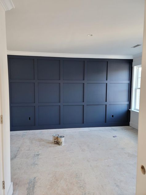 Board Background Design, Board And Batten Media Wall, Navy Blue Wall Paneling, Accent Wall Formal Living Room, Navy Blue Board And Batten Wall Bedroom, Board And Batten Wall Navy Blue, Board And Batten Navy Blue, Navy Blue Wood Panel Wall, Navy Panelling Bedroom