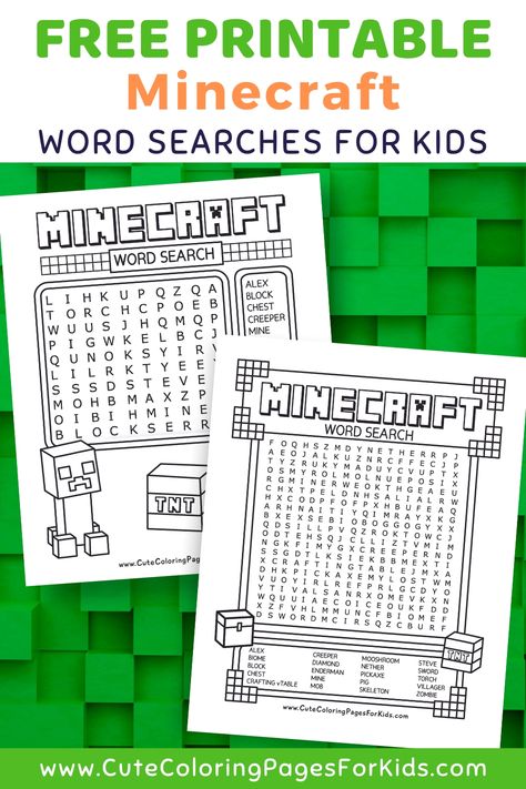 Download these fun and challenging Minecraft activity sheets for kids. 
We have two challenge levels and all of our word searches double as coloring pages to add to the fun. 
Grab both free printable PDFs. Minecraft Bingo Printable Free, Minecraft Word Search, Minecraft Activities Printables, Minecraft Worksheets, Activity Pages For Kids Free Printables, Cute Coloring Sheets, Bingo Printable Free, Minecraft Activities, Cute Coloring Pages For Kids