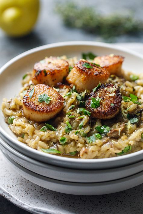 Scallop Risotto, Porcini Mushroom, Scallops Recipe, Risotto Dishes, Food Rice, Seared Scallops, Scallop Recipes, Porcini Mushrooms, Mushroom Risotto