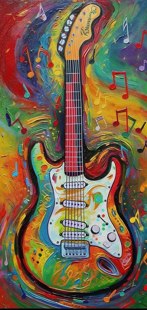 electric guitar, music notes Acrylic Painting Of Guitar, Abstract Guitar Art, Electric Guitar Painting On Canvas, Art Based On Music, Guitar Art Drawing, Guitar Painting Ideas, Abstract Guitar Painting, Music Painting Ideas, Electric Guitar Painting