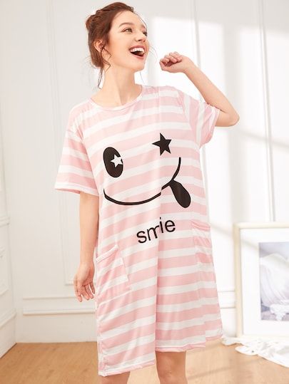 Shop Smile Print Striped Night Dress online. SheIn offers Smile Print Striped Night Dress & more to fit your fashionable needs. Night Dress Online, Women Nightwear Dresses, Night Wear Dress, Night Suit For Women, Vintage Loungewear, Sleepwear For Women, Casual Work Dresses, Sleepwear Fashion, Pajama Outfits