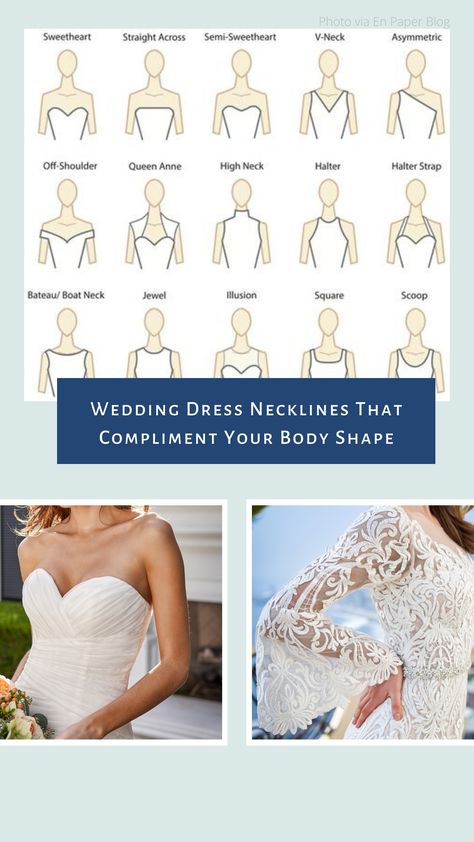 Find the best neckline shapes to compliment your body type. Plus see wedding dress styles and celebrities with the same body type to find your dream dress. Wedding Dresses For Body Type, Types Of Wedding Dress Sleeves, Wedding Dress Sleeve Types, What Style Wedding Dress For My Shape, Wedding Dresses For Body Shape, Wedding Dress For Long Torso, Neckline For Wedding Dresses, Wedding Dress Necklines For Big Busts, Wedding Dress Neck Lines Guide